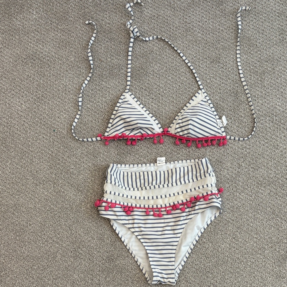 COCOSHIP Blue and White Striped Bikini